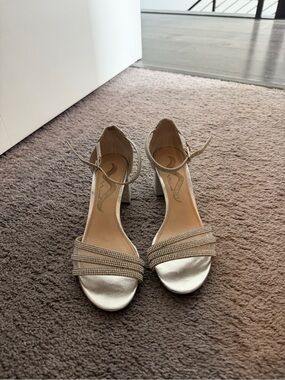 Women's Metallic Block Heel Sandals with Ankle Strap - Silver